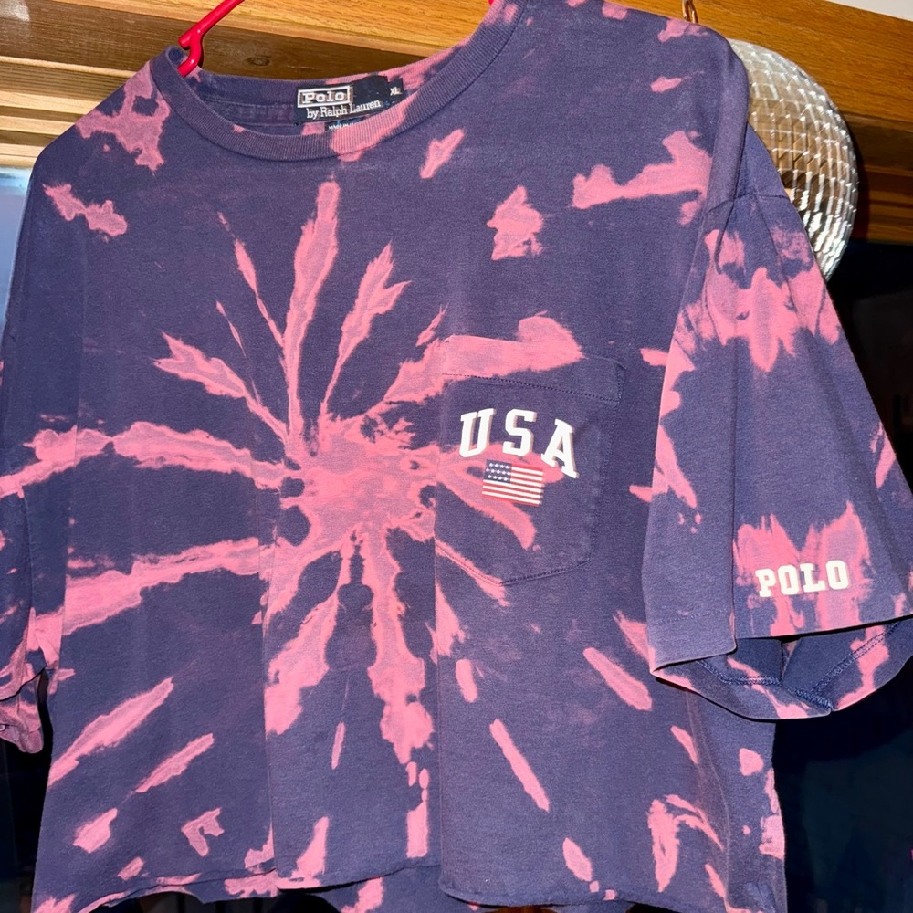 custom tie-dye Polo by RALPH LAUREN blue/purple USA cropped tee